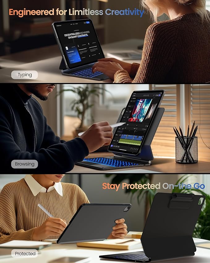 typecase Edge+ Keyboard Case for iPad Air 13-inch (M3 2025 / M2 2024),Ultra-Slim Detachable Back Case,Portrait & Typing Modes, Built-in Trackpad,11-Color Backlight, Magnetic Stand, Pencil Holder,Black