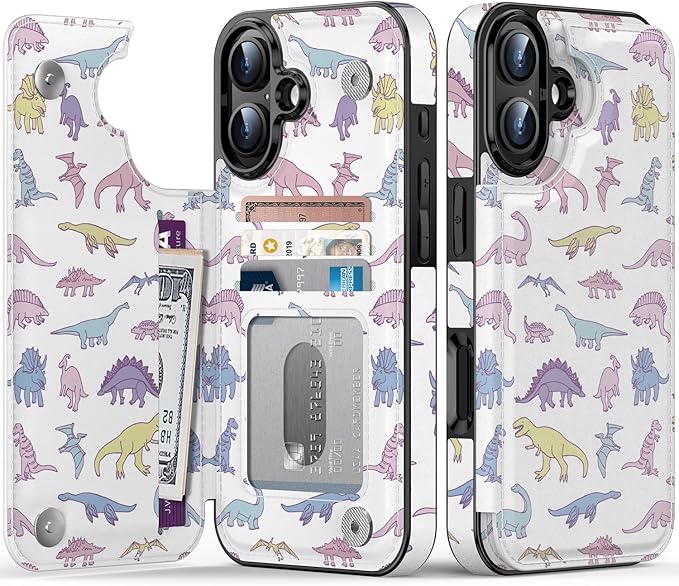 FUNMIKO for iPhone 16 Plus Wallet Case with Card Holder, RFID-Blocking, Military-Grade Protection & UV-Printed Artwork, Magnetic Closure with Leather Kickstand - Vibrantly Cute Dinosaur