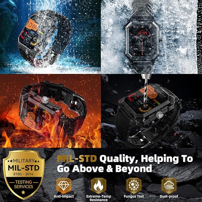 Military Smart Watch for Men (Answer/Dial Call) 680mAh Battery Tactical Rugged IP69 Waterproof Indestructible Smartwatch for Android Phones Fitness Tracker with Blood Pressure Heart Rate