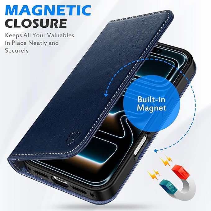 SHIELDON Real Leather Wallet Case for iPhone 17 6.3-inch 2025 | Magnetic Closure | RFID Blocking Card Slot | Kickstand | Shock-Absorbent | Soft Interior Phone Cover | Retro Dark Blue