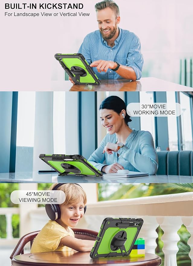 Case for Samsung Galaxy Tab S10 Plus/ S9 FE Plus/ S9 Plus 5G Case 12.4" [with Tempered Glass Screen Protector], Rotating Kickstand, S Pen Holder, Shoulder & Hand Strap (Green)