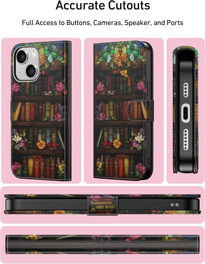 DEENAKIN for iPhone 15 Plus Wallet Case with Card Holder + Cash Clip, RFID-Blocking, Military-Grade Drop Protection, Magnetic Closure with Leather Kickstand - Bookshelf Flowers