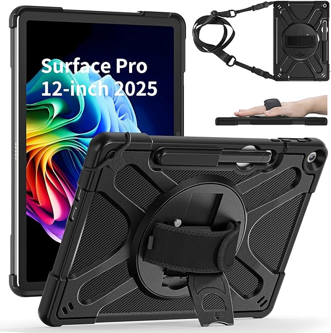 ZenRich Rugged Case for Microsoft Surface Pro 12 (2025) – Heavy Duty Shockproof Protective Case with 360° Rotating Kickstand, Hand & Shoulder Strap, Business Friendly, Type Cover Keyboard Compatible