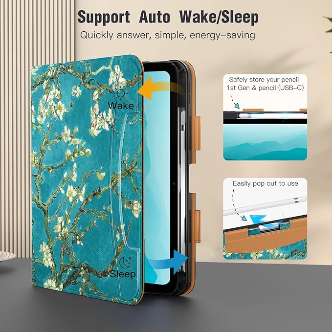 MoKo for iPad (A16) 11th Generation Case 11 inch 2025, iPad 10th Generation Case 10.9" 2022 with Pencil Holder & Pocket, Premium Leather Folio Stand Cover, Multiple Viewing Angles, Apricot Blossom