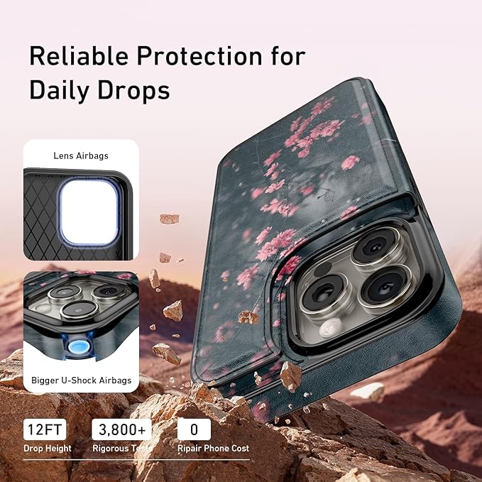 FUNMIKO for iPhone 15 Pro Max Wallet Case with Card Holder, RFID-Blocking, Military-Grade Protection & UV-Printed Artwork, Magnetic Closure with Leather Kickstand - Mystic Blooming Plum