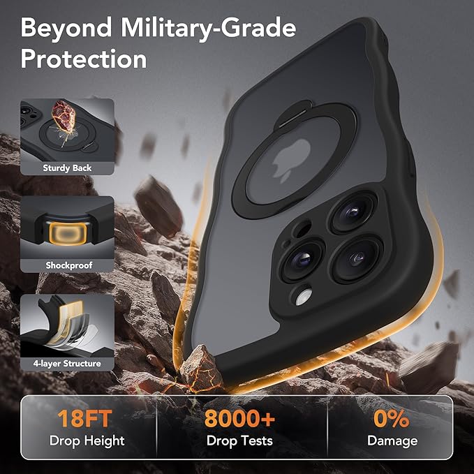 GolbinBox for iPhone 14 Pro Max Case for Women,[Compatible with Magsafe][360° Spin Magnetic Stand][Cute Wave Edge][Military-Grade Protection] Translucent Matte Phone Case for iPhone 14 ProMax, Black