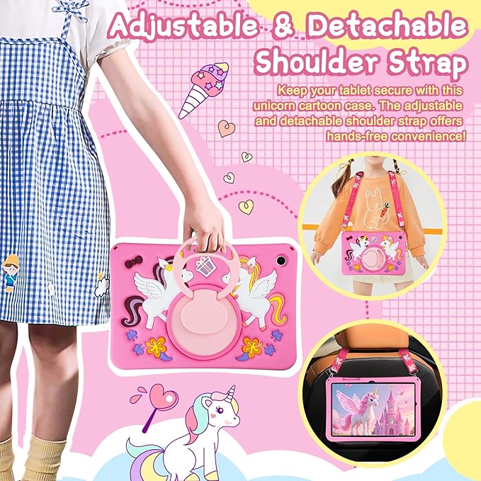 HianDier for Samsung Galaxy Tab A9+ Plus Case Cute Unicorn Silicone for Samsung A9 Plus Tablet Case with Detachable Strap and Rotatable Stand Shockproof Cover for Galaxy Tab A9+ 11" 2023-Rose Pink