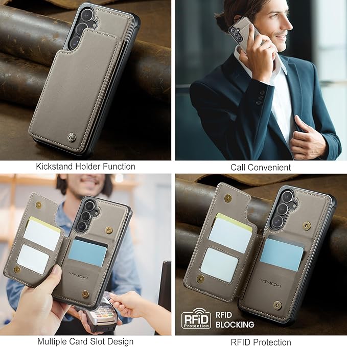 Vinich for Samsung Galaxy S24 Wallet Case with Card Holder, RFID Blocking Credit Slots Kickstand Shockproof Phone Cover for Women Men, Gray