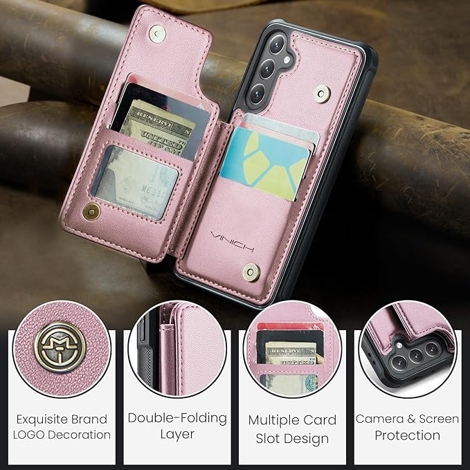 Vinich for Samsung Galaxy S24 FE Wallet Case with Card Holder, RFID Blocking Credit Slots Kickstand Shockproof Phone Cover for Women Men, Pink