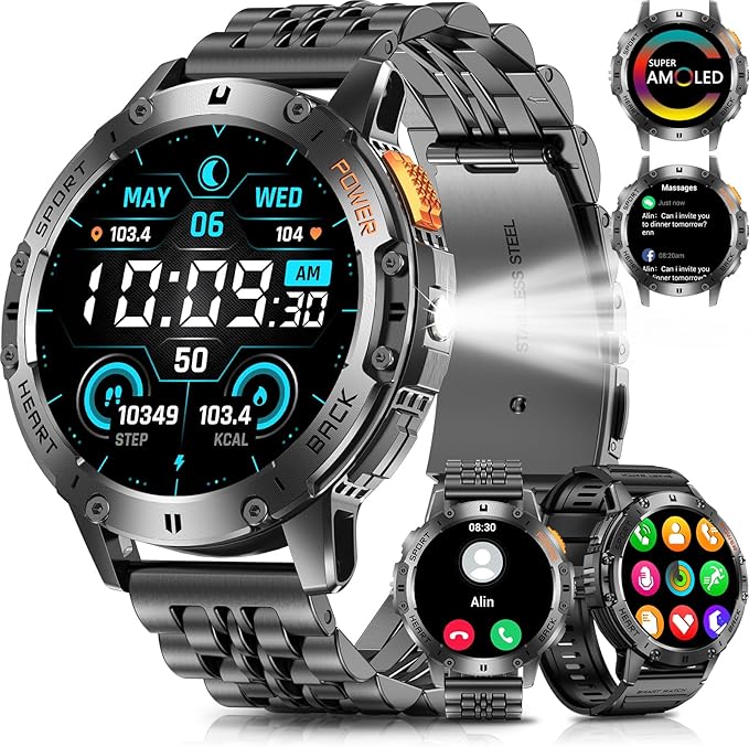 Military Smart Watches for Men with Bluetooth Call, 1.43" AMOLED Waterproof Smartwatch with Flashlight, 111 Sport Modes, 530mAh Heart Rate/SpO2/Sleep Monitor Fitness Tracker for Android iOS