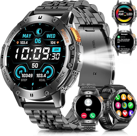 Military Smart Watches for Men with Bluetooth Call, 1.43" AMOLED Waterproof Smartwatch with Flashlight, 111 Sport Modes, 530mAh Heart Rate/SpO2/Sleep Monitor Fitness Tracker for Android iOS