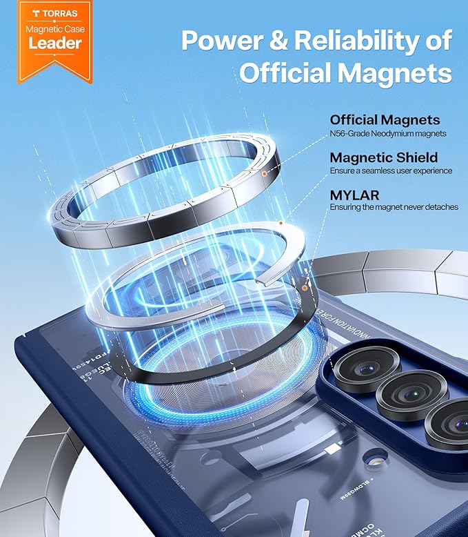 TORRAS Upgraded Magnetic Shockproof for Samsung Galaxy Z Fold 7 Case with Screen Protector, Fit for Magnetic, 4X Military Grade Hinge Protection, Translucent Slim Case for Samsung Z Fold 7, Blue