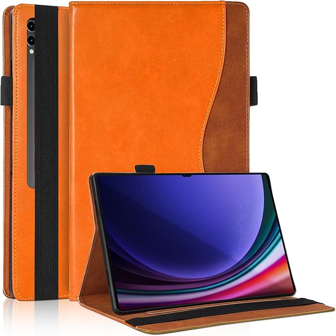 Case for Samsung Galaxy S10 Ultra 2024/Tab S9 Ultra 2023/ Tab S8 Ultra 2022 14.6 inch, Business PU Leather with Card Slot Pen Holder Multi-Angle Stand for Model SM-X920/X900/X910-Orange