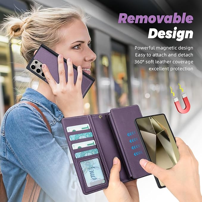 TwoHead for Samsung Galaxy S24 Ultra Wallet Case with Card Holder & Detachable Magnetic Phone Case for Galaxy S24 Ultra,PU Leather Shockproof Protective Phone Cover Wallet(6.8 in,Deep Purple)