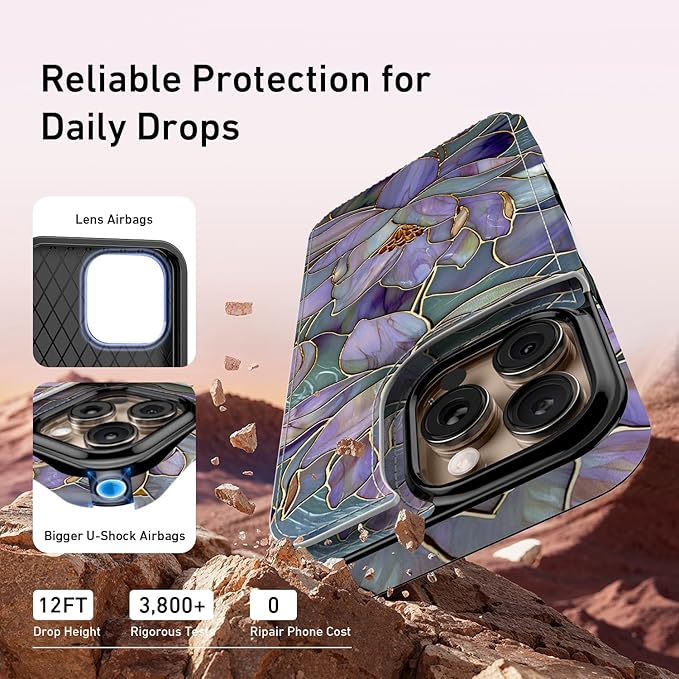 FUNMIKO for iPhone 16 Pro Wallet Case with Card Holder, RFID-Blocking, Military-Grade Protection & UV-Printed Artwork, Magnetic Closure with Leather Kickstand - Dreamy Lotus