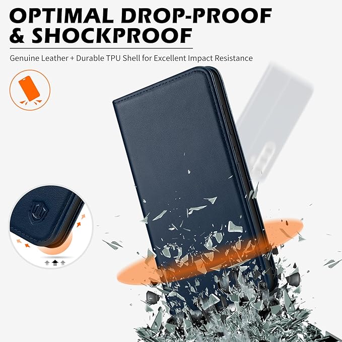 SHIELDON Case for Galaxy S25 FE 6.7" 5G, Genuine Leather Folio Wallet Case Magnetic Kickstand RFID Blocking Card Slots Shockproof Protective Cover Compatible with Galaxy S25 FE 2025 - Nappa Navy Blue