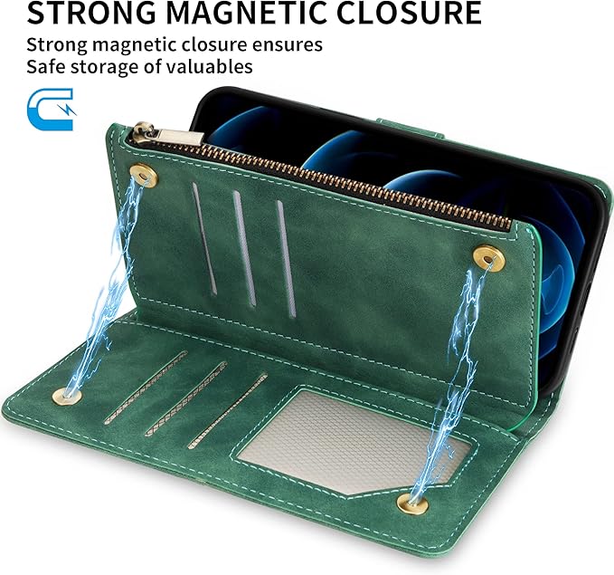 ZZXX for iPhone 12 Pro Max Wallet Case with Card Slot Premium Soft PU Leather Zipper Flip Folio Wallet with Wrist Strap Kickstand Protective for iPhone 12 Pro Max Case Wallet(Green 6.7 inch)