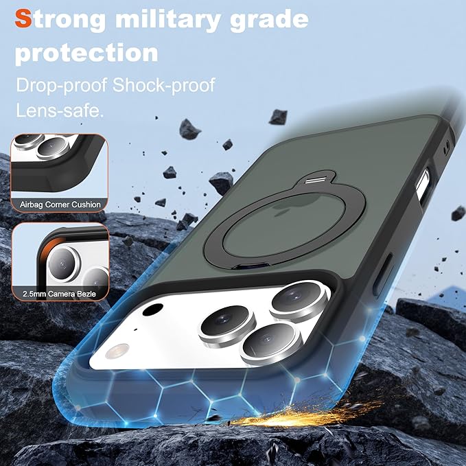 Compatible with iPhone 17 Pro Case with Invisible Magnetic 360°Spin Stand,Military-Grade Shockproof Protection [Compatible with Mag-Safe] Non-Slip Edge Translucent Case (6.3",Black)