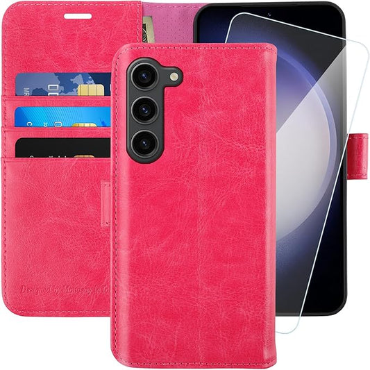 MONASAY Wallet Case Compatible for Galaxy S23 5G,[RFID Blocking] Flip Folio Leather Cell Phone Cover with Credit Card Holder, 6.1 inch, Hot-Pink