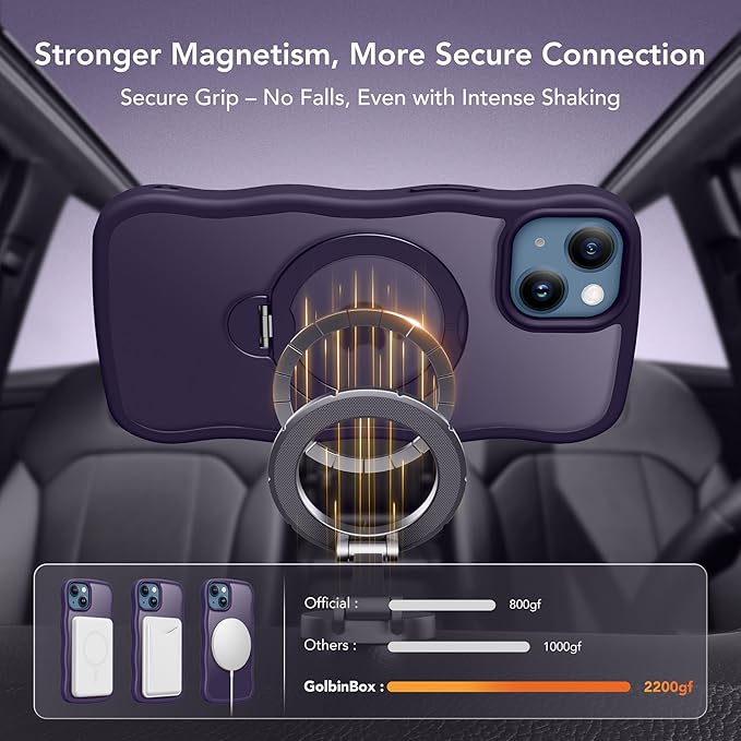 for iPhone 13 Case & iPhone 14 Case for Women,[Compatible with Magsafe][360° Spin Magnetic Stand][Cute Wave Edge][Military-Grade Protection]Translucent Matte Phone case for iPhone 13/14, Dark Purple