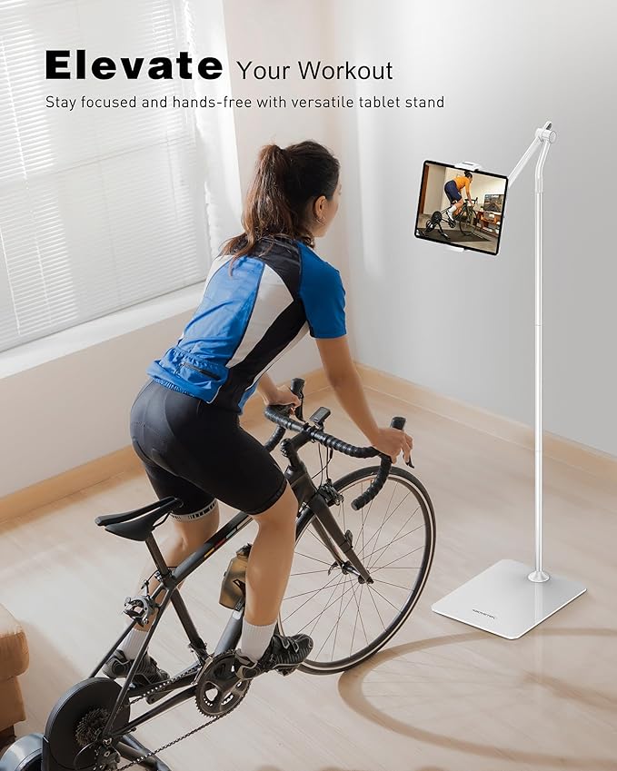 AboveTEK Tablet Floor Stand,Stylish Adjustable Height iPad Floor Stand with Stable Base,Aluminum 360° Rotation Holder for Sofa Bed,Fits 4.7-13.5"iPad Pro 12.9/Air/Mini,Galaxy Tab,iPhone, Kindle(White)