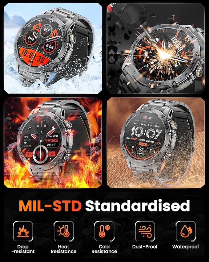 Military Smart Watches for Men, 1.7″ Smart Watch with 1000 mAh Battery, Led Flashlight, Answer/Make Calls, Heart Rate/Sleep Monitor 100+ Sport Modes Fitness Watch for Android/iPhone (2 Straps)
