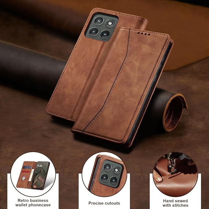 Jasonyu Flip Wallet Case for Motorola Edge (2025)/Edge 60/60 Pro/60 Fusion,Leather Magnetic Folio Cover with Card Holder,Kickstand - TPU Shockproof Durable Protective Phone Case,Brown