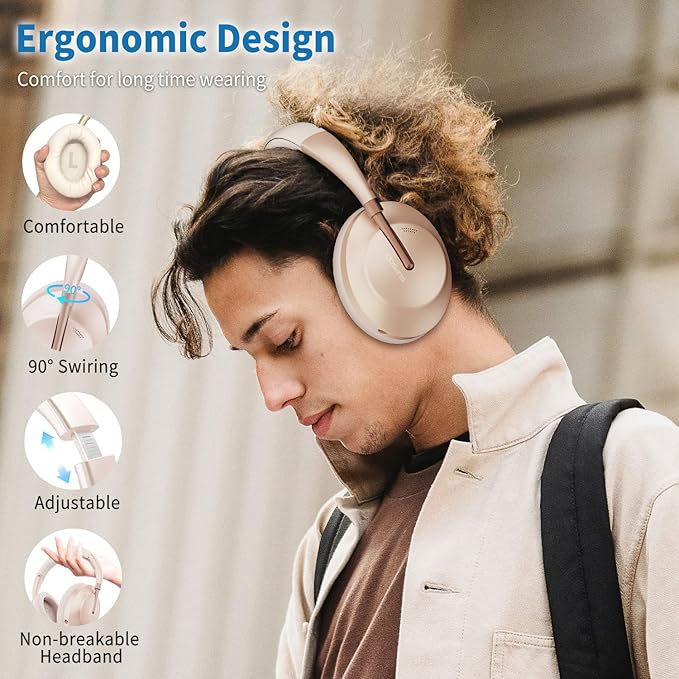 Wireless Bluetooth Headphones Active Noise Cancelling Over-Ear Headphones with Microphone for Cellphone/Laptop/Computer (Rose Gold)