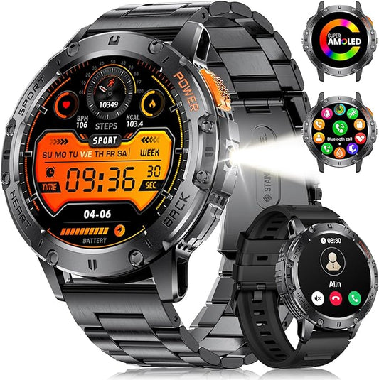 LIGE 1.43" AMOLED Smart Watch for Men with Flashlight, Bluetooth Calling, 100+ Sport Modes, 530mAh, IP68 Waterproof Fitness Tracker for Workout, iOS Android Compatible, Black Steel