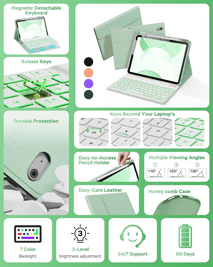 Folio Keyboard Case for iPad 10th Gen 10.9 inch (2022) and iPad 11th (A16, 2025), Magnetic Wireless Detachable Keyboard, 7-Color Backlight, Thin & Light, Pencil Holder (Green)