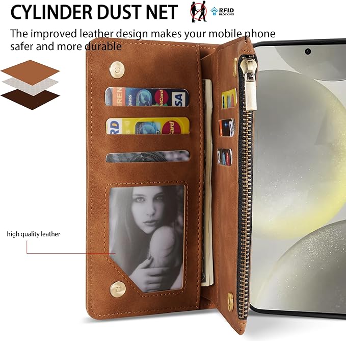 ZZXX for Samsung Galaxy S24 Wallet Case with RFID Blocking Card Slot PU Leather Zipper Flip Folio with Strap Kickstand Protective Cover for Samsung Galaxy S24 Case Wallet(Brown-6.2 inch)