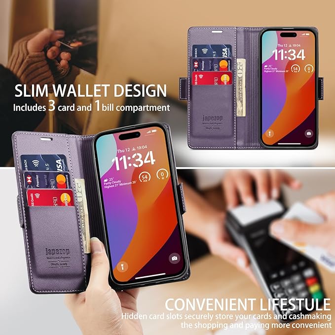 japezo iPhone 15 Pro Max 5G Wallet Case with [RFID Blocking],Card Holder Kickstand Magnetic,Leather Flip Case Wallet for iPhone 15 Pro Max 5G 6.7 Inch(Fashion Purple)