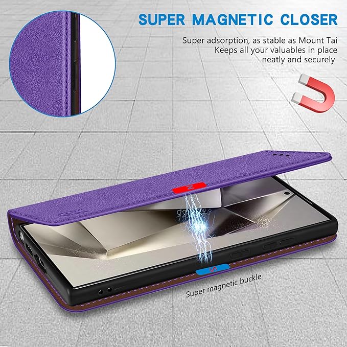 ZZXX for Samsung Galaxy S25 Ultra Wallet Case with [RFID Blocking] Card Slot Stand Strong Magnetic Leather Flip Fold Protective Phone Case for Samsung Galaxy S25 Ultra Case Wallet(Purple-6.8 inch)