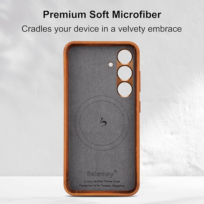 Belemay Leather Case for Samsung Galaxy S24 Compatible with Magsafe - Premium Crazy Horse Leather [Vintage Aesthetics] Unique Patina, Comfort Grip, Metal Buttons, Slim&Soft Cover (6.2") Tan Brown
