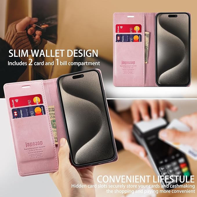 japezop iPhone 15 Pro Max 5G Wallet Case with [RFID Blocking],Card Holder Kickstand Magnetic,Leather Flip Case Wallet for iPhone 15 Pro Max 5G 6.7 Inch(Pink)