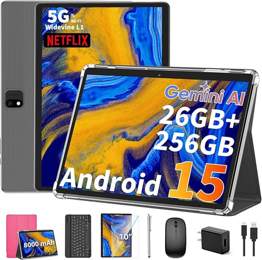 2025 Android 15 Tablet with Keyboard, 26GB(6+20)RAM+256 Storage(Expand to 2TB), 8000mAh Battery, Widevine L1, 10 Inch 2-in-1 Tablets with 5G/2.4G WiFi, BT5.0, GMS Certified, Mouse, Case, Stylus(Pink)