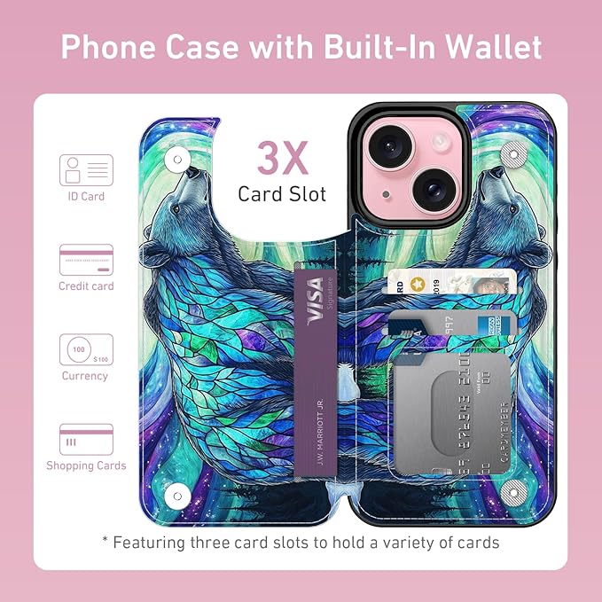 FUNMIKO for iPhone 15 Wallet Case with Card Holder, RFID-Blocking, Military-Grade Protection & UV-Printed Artwork, Magnetic Closure with Leather Kickstand - Prismatic Aurora Bear