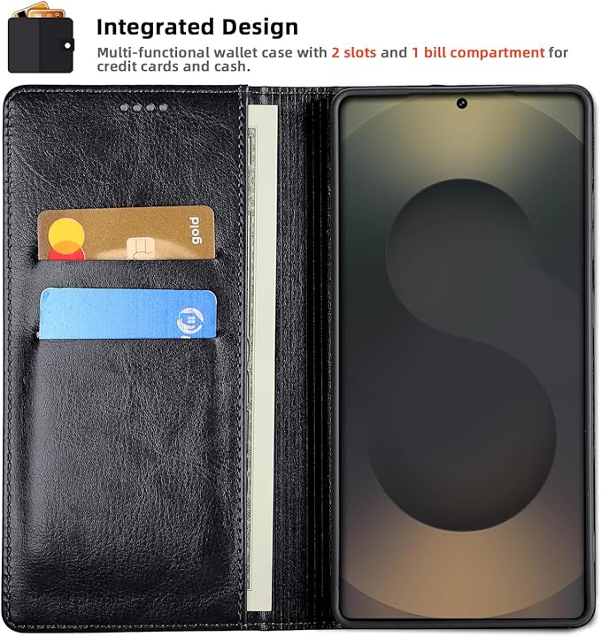 for Samsung Galaxy S24 Ultra Wallet Case, Genuine Leather Flip Folio Cover with RFID Blocking Card Holder & Kickstand, [Shockproof TPU Inner Shell] for Samsung Galaxy S24 Ultra, Black