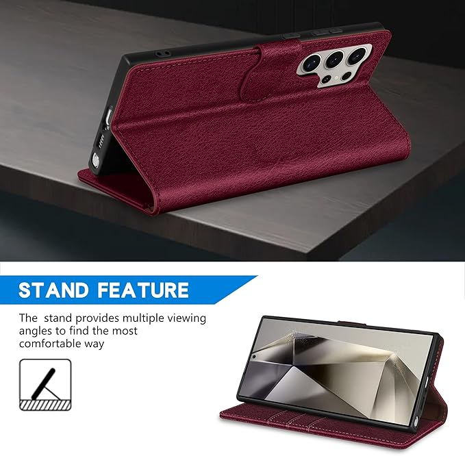 ZZXX for Samsung Galaxy S25 Ultra Wallet Case with [RFID Blocking] Card Slot Kickstand Magnetic Closure Leather Flip Fold Protective Phone Case for Galaxy S25 Ultra 5G Case Wallet(Wine Red-6.8 inch)