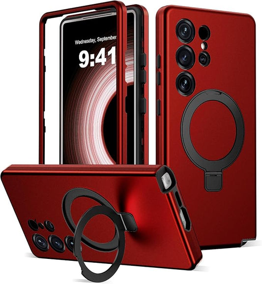 Designed for Samsung Galaxy S25 Ultra Case with Magnetic Ring Stand [Compatible with Mag-Safe][Military Grade Drop Protection][Build in Kickstand] S25 Ultra Phone Case 6.9",Red