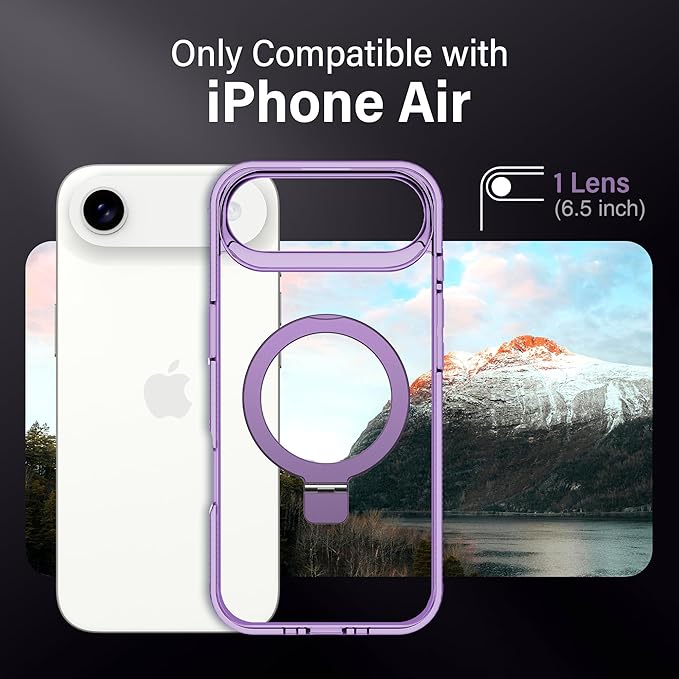 Magnetic Case for iPhone Air - [Built-in Invisible Stand] [Compatible with MagSafe] [Military Grade Drop Protection] Anti-Yellowing Hard Back Silicone Edge Cover, 6.5", Clear Purple