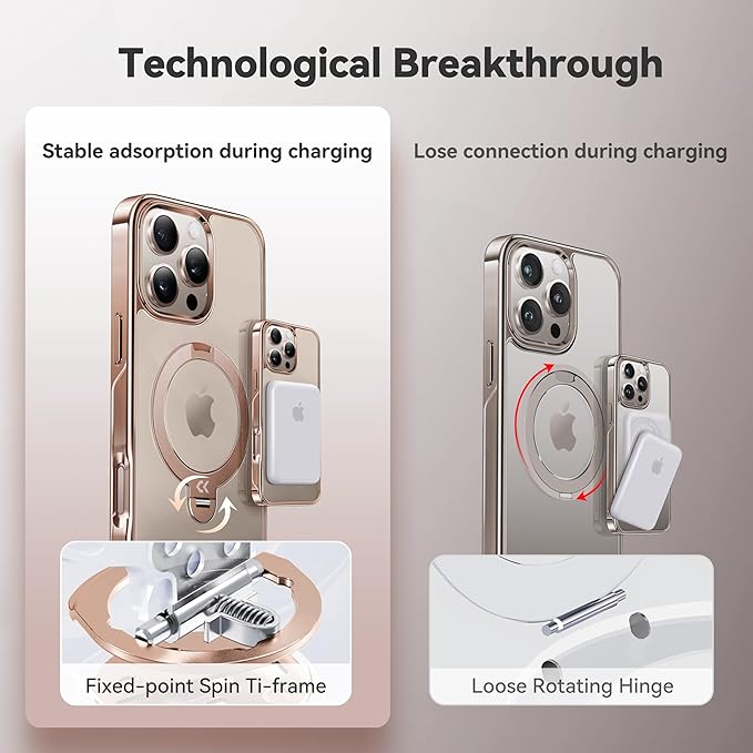 CASEKOO 360 Spin Magnetic Stand Desert Titanium for iPhone 16 Pro Max Case [Compatible with Magsafe][16FT Military Protection] Slim Polished for iPhone 16 ProMax Case with Stand 6.9'', Rose Gold