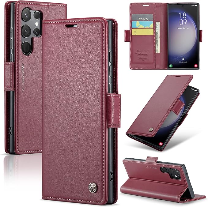 AUPAI for Samsung Galaxy S23 Ultra Wallet Case with Credit Card Holder, PU Leather RFID Blocking Folio Flip Kickstand Magnetic Clasp Protective Phone Cover for Women Men Wine Red