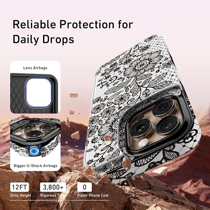 FUNMIKO for iPhone 16 Pro Max Wallet Case with Card Holder, RFID-Blocking, Military-Grade Protection & UV-Printed Artwork, Magnetic Closure with Leather Kickstand - Graceful Lace Floral