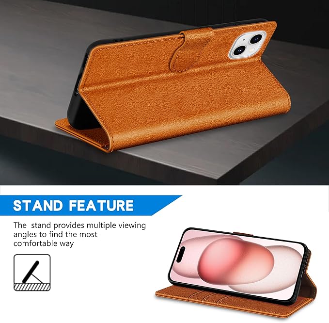 ZZXX for iPhone 15 Wallet Case with [RFID Blocking] Card Slot Kickstand Magnetic Closure Leather Flip Fold Protective Phone Case for iPhone 15 Case Wallet(Brown-6.1 inch)