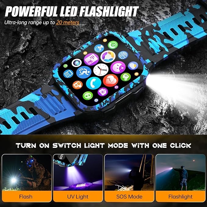 Military Smart Watch for Men with Call/LED Flashlight/UV Light 1.96" Big Screen 3ATM Waterproof Rugged Tactical Smartwatch Fitness Tracker with HR/Sleep Monitor for iPhone Android