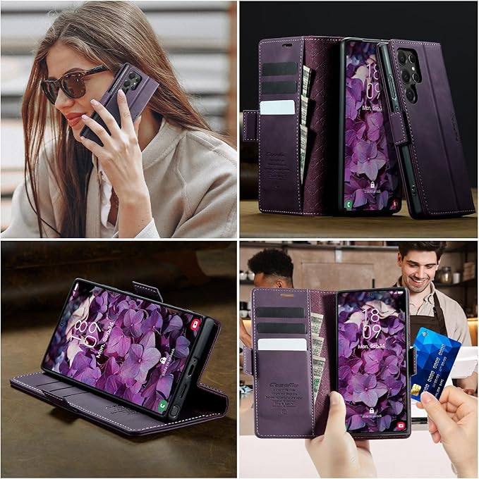 Wallet Case for Samsung Galaxy S22 Ultra Leather Wallet Flip Cover with Card Holder, Kickstand, Magnetic Closure, RFID Blocking TPU Shockproof Phone Case Compatible with S22 Ultra, Purple