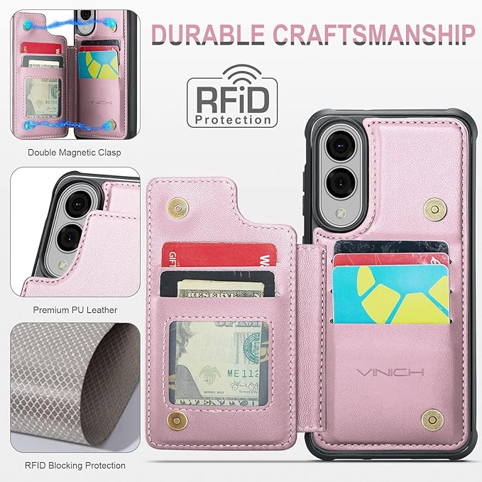 Vinich for Samsung Galaxy S25 Edge Wallet Case with Card Holder, RFID Blocking Credit Slots Kickstand Shockproof Phone Cover for Women Men, Pink