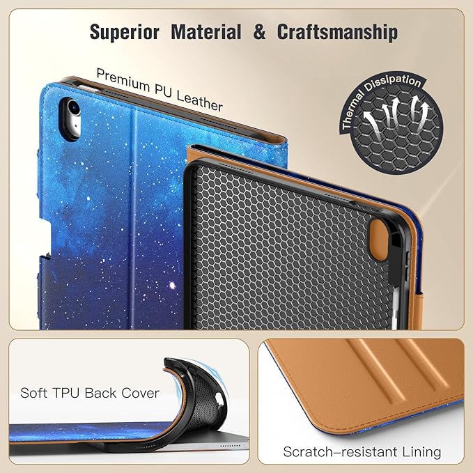 MoKo for iPad (A16) 11th Generation Case 11 inch 2025, iPad 10th Generation Case 10.9" 2022 with Pencil Holder & Pocket, Premium Leather Folio Stand Cover, Multiple Viewing Angles, Blue Starry Sky