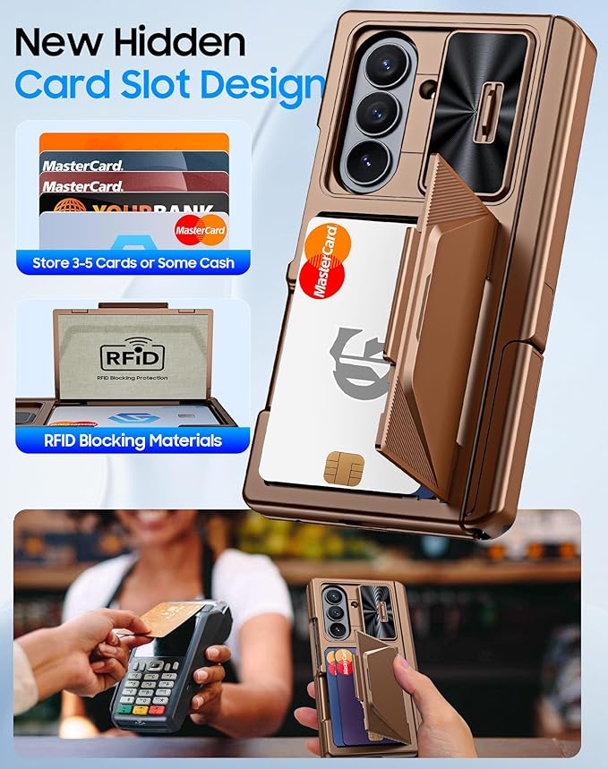for Samsung Galaxy Z Fold 7 Case with Card Holder RFID Blocking, Built in Slide Lens Cover & Hinge Protection & Kickstand & Screen Protector, Shockproof Wallet Case for Z Fold 7 (Desert Gold)